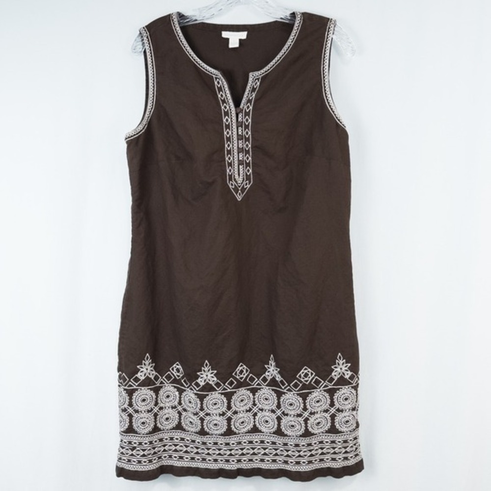 Charter‎ Club Linen Cotton Embroidered Sleeveless Shift Dress Size 14 Brown Boho